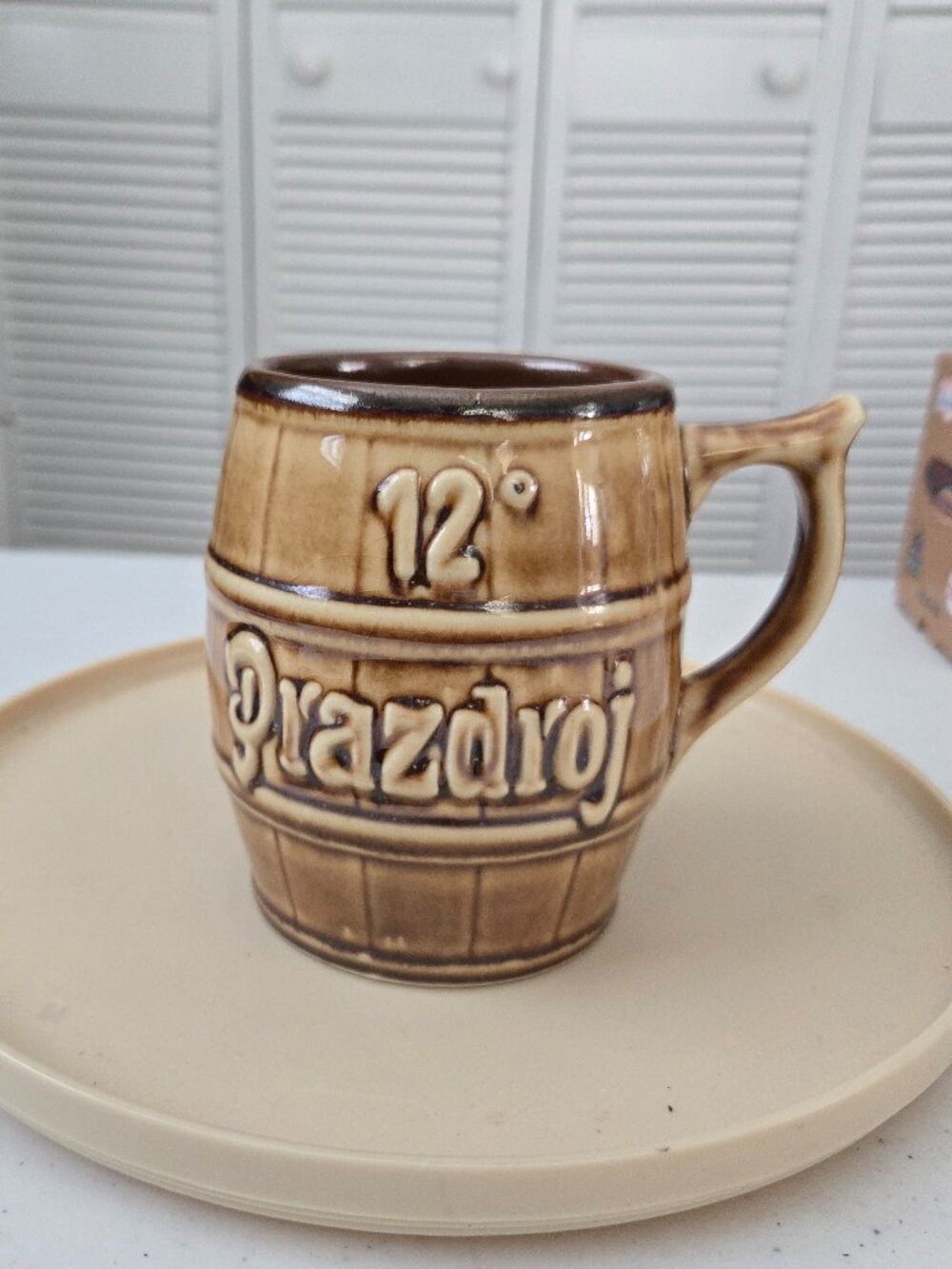 Vintage Czech Prazdroj 12° Ceramic Beer Mug Barrel Stein 4.5"